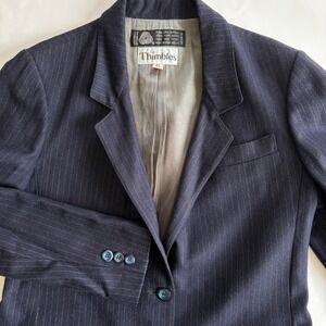 Vintage Thimbles Women's 12 100% Wool Navy Pinstripe‎ Blazer 2 Button Lined